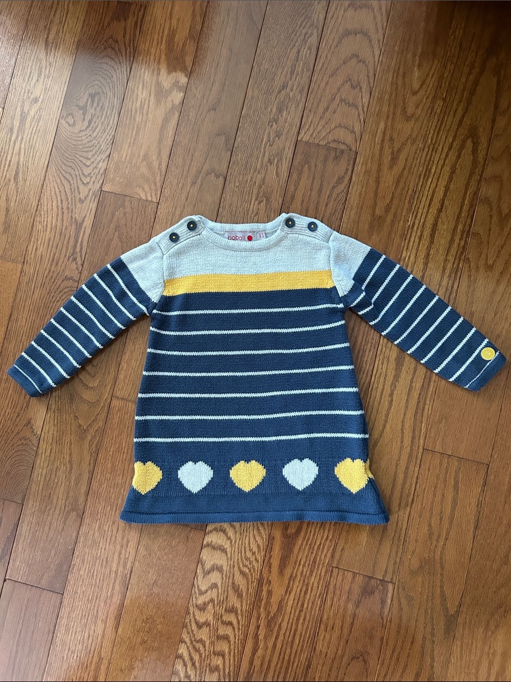 Boboli Fall Sweater Dress Navy, Yellow, Cream with Hearts 18M
